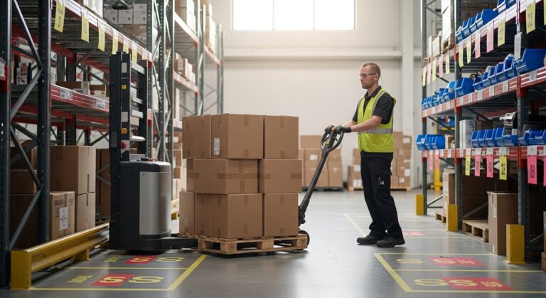 Operador utiliza paleteira semi-elétrica em galpão com zonas de abastecimento e marcações 5S