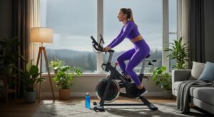Mulher pedalando em bicicleta ergométrica em sala aconchegante com chuva do lado de fora