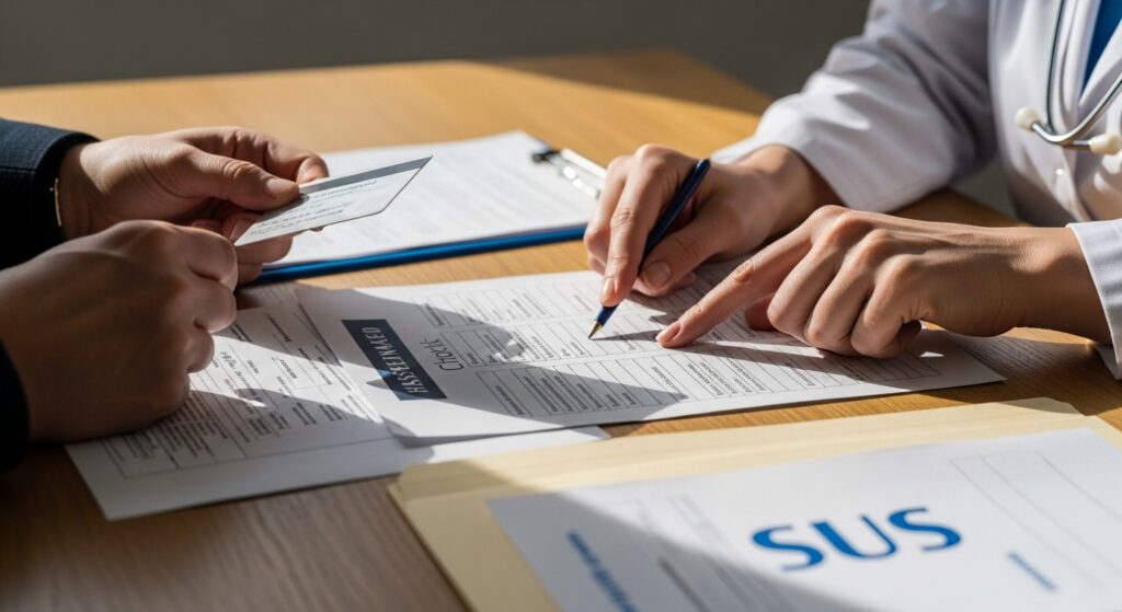Paciente e profissional de saúde revisando formulários para tratamento de alto custo