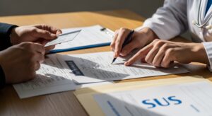 Paciente e profissional de saúde revisando formulários para tratamento de alto custo