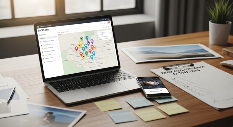 Profissional de marketing analisando dashboard de SEO local em escritório iluminado por luz natural