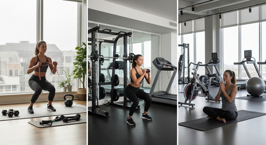 Mulher praticando micro-treinos em casa, condomínio e academia para driblar clima e agenda