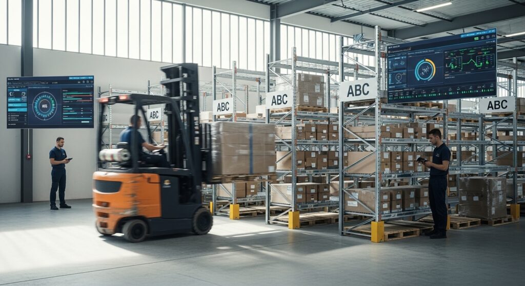 Empilhadeira elétrica descarregando pallets em armazém organizado com operadores usando scanners