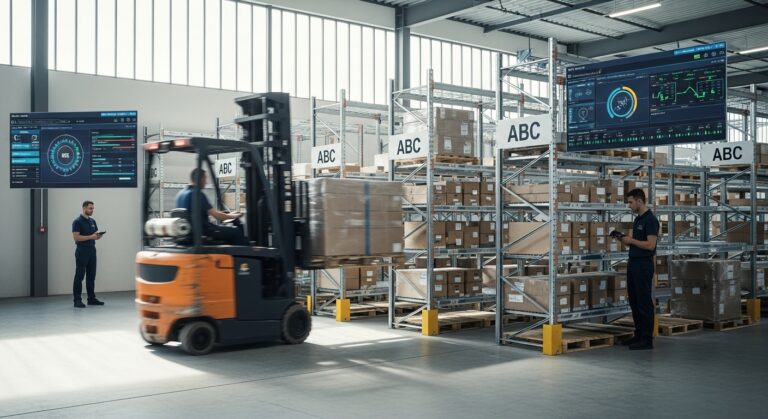 Empilhadeira elétrica descarregando pallets em armazém organizado com operadores usando scanners