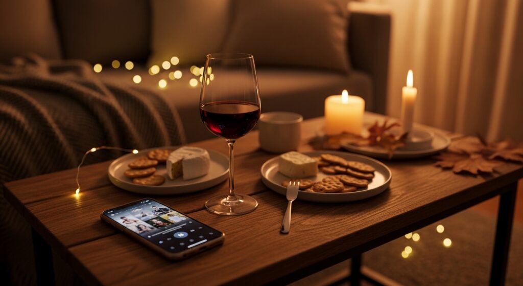 Cena aconchegante de sala de estar com taça de vinho e petiscos em iluminação indireta