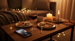 Cena aconchegante de sala de estar com taça de vinho e petiscos em iluminação indireta