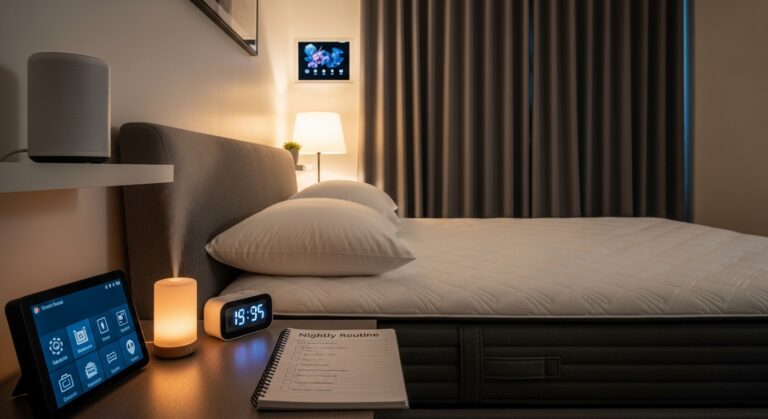 Quarto moderno à noite com cama premium e checklist na mesa de cabeceira