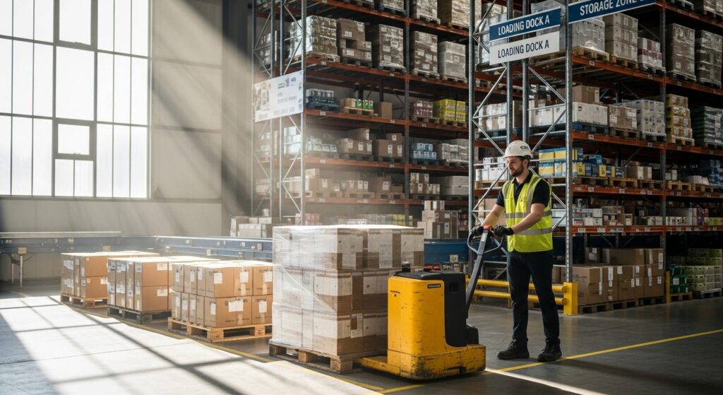 Operador usando paleteira elétrica em armazém moderno