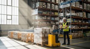Operador usando paleteira elétrica em armazém moderno
