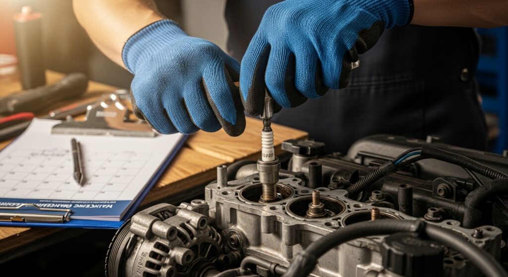Técnico examinando velas de ignição com checklist e calendário