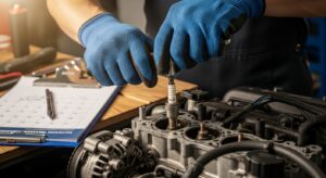 Técnico examinando velas de ignição com checklist e calendário