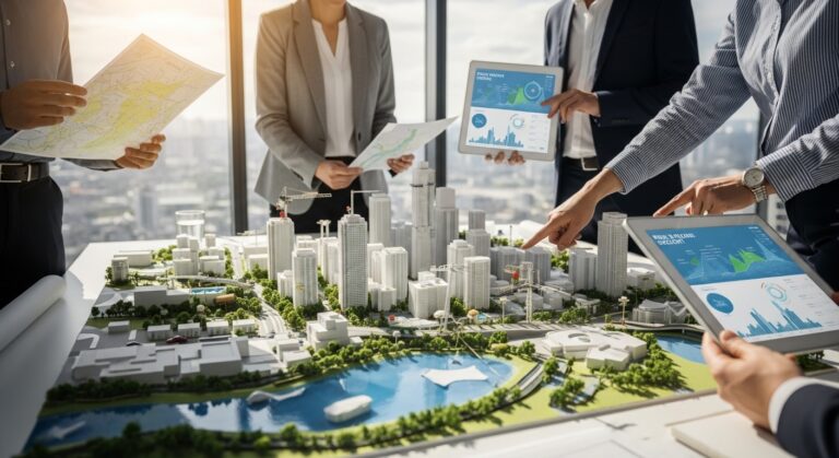Gestores públicos analisam maquete de cidade com infraestrutura hídrica integrada