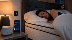 Pessoa relaxando em colchão premium à noite para sono produtivo