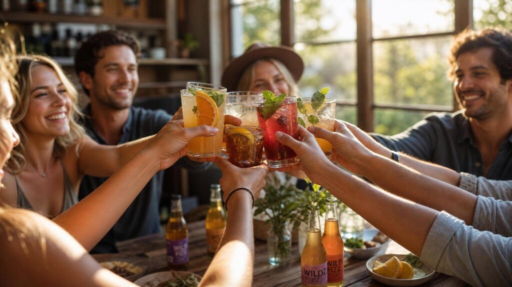 Mesa com bebidas não alcoólicas energéticas e convidados brindando ao entardecer