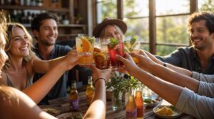 Mesa com bebidas não alcoólicas energéticas e convidados brindando ao entardecer